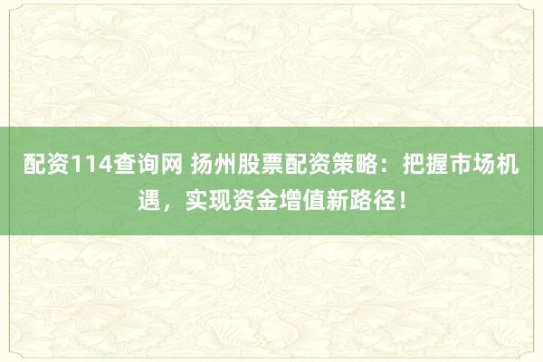配资114查询网 扬州股票配资策略：把握市场机遇，实现资金增值新路径！